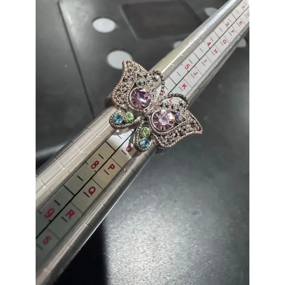 Vintage Butterfly Statement Ring | Lavender Rhinestones | Silver Tone